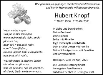 Traueranzeige von Hubert Knopf von Neue Presse Coburg
