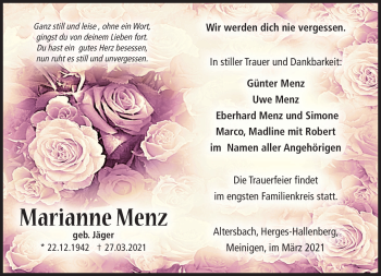 Traueranzeige von Marianne Menz von Südthüringer Presse