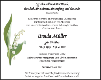 Traueranzeige von Ursula Müller von Südthüringer Presse