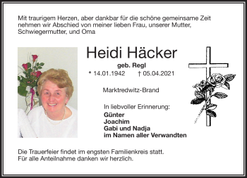 Traueranzeige von Heidi Häcker von Frankenpost