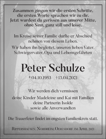 Traueranzeige von Peter Schulze von Südthüringer Presse