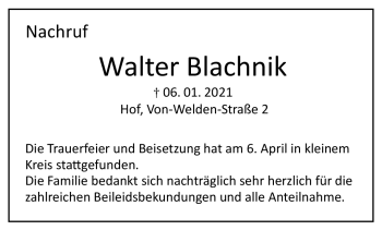 Traueranzeige von Walter Blachnik von Frankenpost