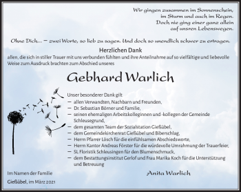Traueranzeige von Gebhard Warlich von Südthüringer Presse