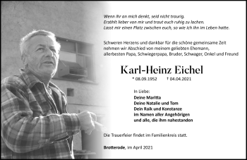 Traueranzeige von Karl-Heinz Eichel von Südthüringer Presse