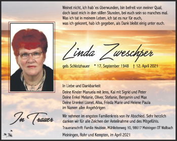 Traueranzeige von Linda Zweschper von Südthüringer Presse