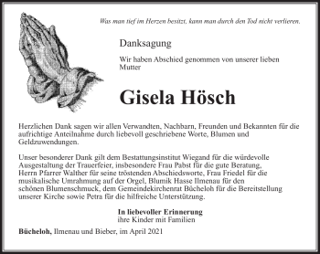 Traueranzeige von Gisela Hösch von Südthüringer Presse