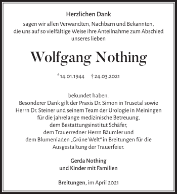 Traueranzeige von Wolfgang Nothing von Südthüringer Presse