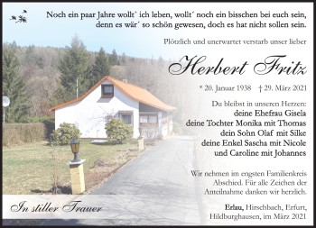 Traueranzeige von Herbert Fritz von Südthüringer Presse