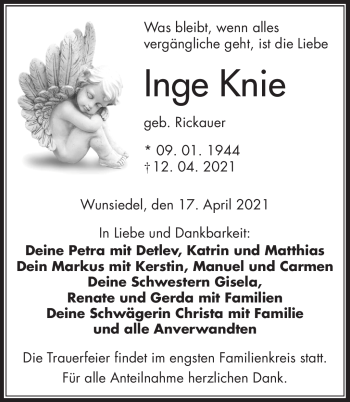 Traueranzeige von Inge Knie von Frankenpost