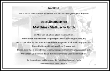 Traueranzeige von Matthias Güth von Südthüringer Presse