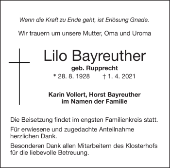 Traueranzeige von Lilo Bayreuther von Frankenpost
