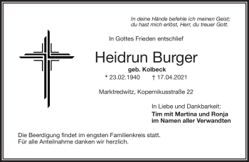 Traueranzeige von Heidrun Burger von Frankenpost