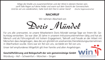 Traueranzeige von Doris Mündel von Frankenpost