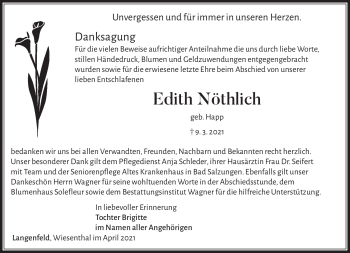 Traueranzeige von Edith Nörhtlich von Südthüringer Presse