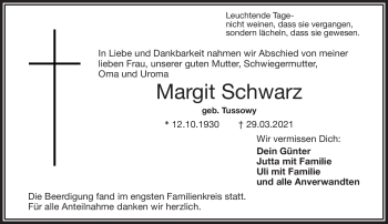 Traueranzeige von Margit Schwarz von Frankenpost