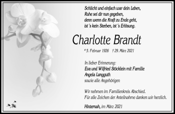 Traueranzeige von Charlotte Brand von Südthüringer Presse
