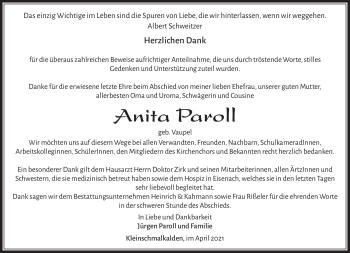 Traueranzeige von Anita Paroll von Südthüringer Presse