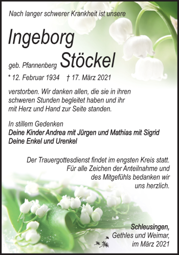 Traueranzeige von Ingeborg Stöckel von Südthüringer Presse