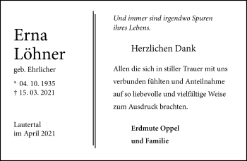 Traueranzeige von Erna Löhner von Neue Presse Coburg