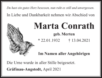 Traueranzeige von Marta Conrath von Südthüringer Presse