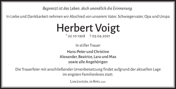 Traueranzeige von Herbert Voigt von Südthüringer Presse