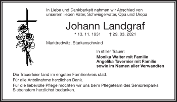 Traueranzeige von Johann Landgraf von Frankenpost
