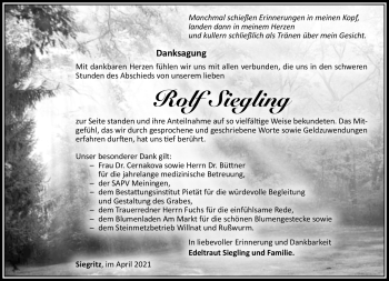 Traueranzeige von Rolf Siegling von Südthüringer Presse