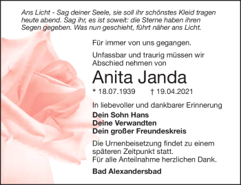 Traueranzeige von Anita Janda von Frankenpost