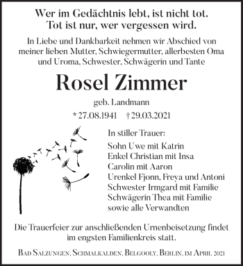 Traueranzeige von Rosel Zimmer von Südthüringer Presse