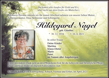 Traueranzeige von Hildegard Nagel von Südthüringer Presse