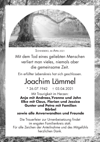 Traueranzeige von Joachim Lämmel von Südthüringer Presse