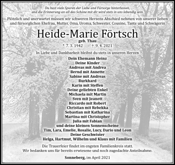 Traueranzeige von Heide-Marie Förtsch von Südthüringer Presse