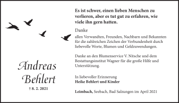 Traueranzeige von Andreas Behlert von Südthüringer Presse