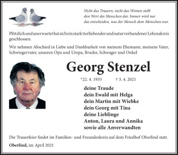 Traueranzeige von Georg Stenzel von Südthüringer Presse