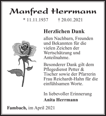 Traueranzeige von Manfred Herrmann von Südthüringer Presse