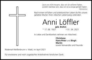 Traueranzeige von Anni Löffler von Neue Presse Coburg