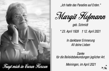 Traueranzeige von Margit Hofmann von Südthüringer Presse