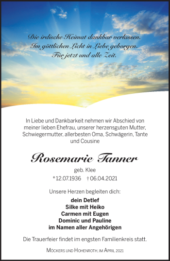 Traueranzeige von Rosemarie Tanner von Südthüringer Presse