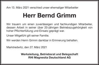 Traueranzeige von Bernd Grimm von Frankenpost