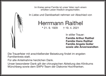 Traueranzeige von Herrmann Raithel von Frankenpost