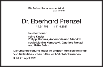 Traueranzeige von Eberhard Prenzel von Südthüringer Presse