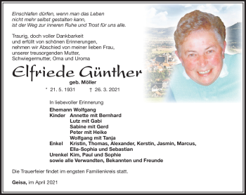 Traueranzeige von Elfriede Günther von Südthüringer Presse