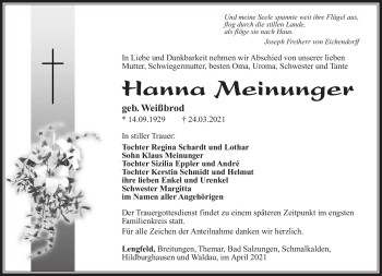 Traueranzeige von Hanna Meinunger von Südthüringer Presse