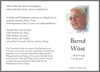 Traueranzeige von Bernd Wüst von Südthüringer Presse