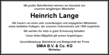Traueranzeige von Heinrich Lange von Neue Presse Coburg