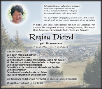 Traueranzeige von Regina Dietzel von Südthüringer Presse