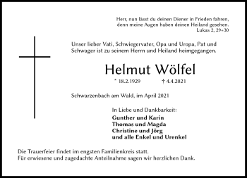 Traueranzeige von Helmut Wölfel von Frankenpost