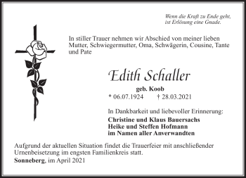 Traueranzeige von Edith Schaller von Südthüringer Presse