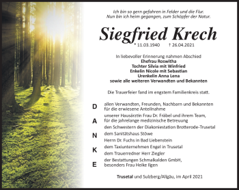 Traueranzeige von Siegfried Krech von Südthüringer Presse