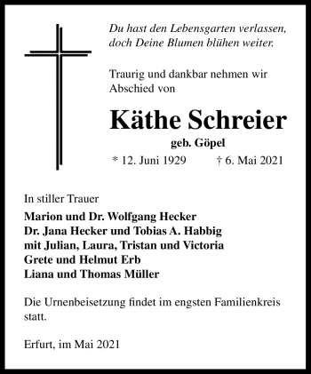 Traueranzeige von Käthe Schreier von Südthüringer Presse
